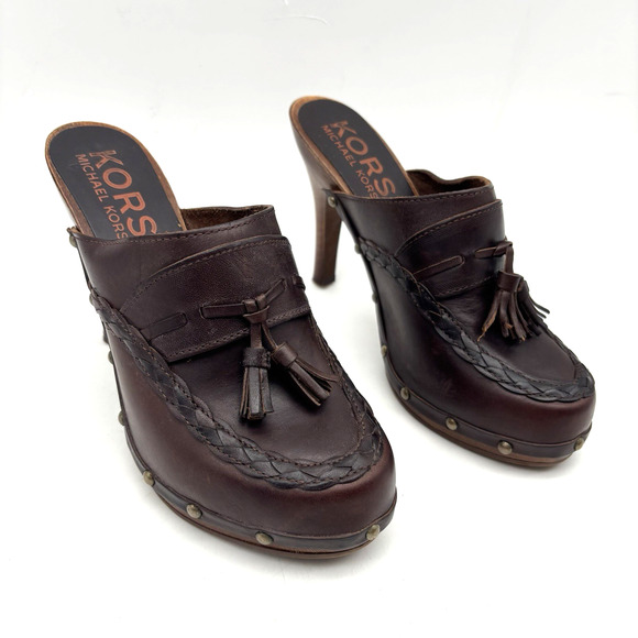 Vintage Michael Kors Italy Brown Leather Wood Platform Stiletto Mule Clogs 7.5B - Picture 1 of 16